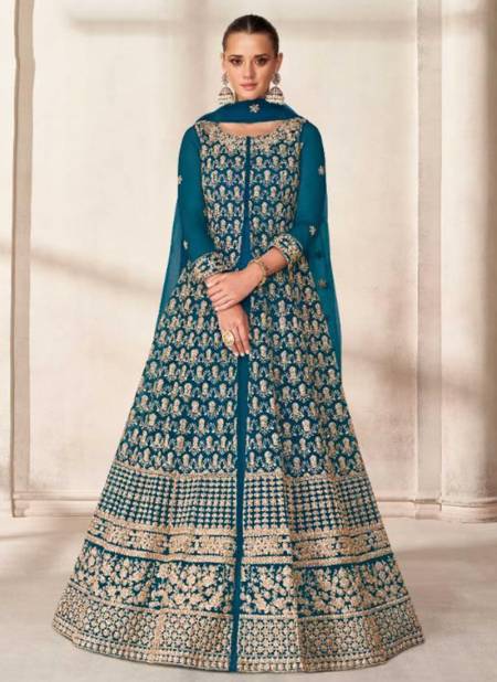Teal Green Colour AASHIRWAD PRISHA Wedding Wear Heavy Work Designer Long Anarkali Suit Collection 9202